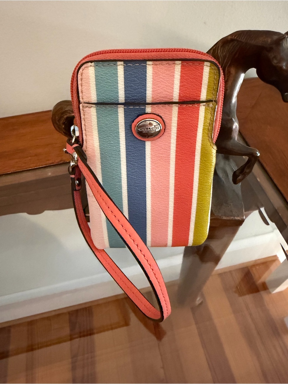Coach Multicolor Stripe Leather Mini Wristlet Phone Wallet Card Case 5.5”